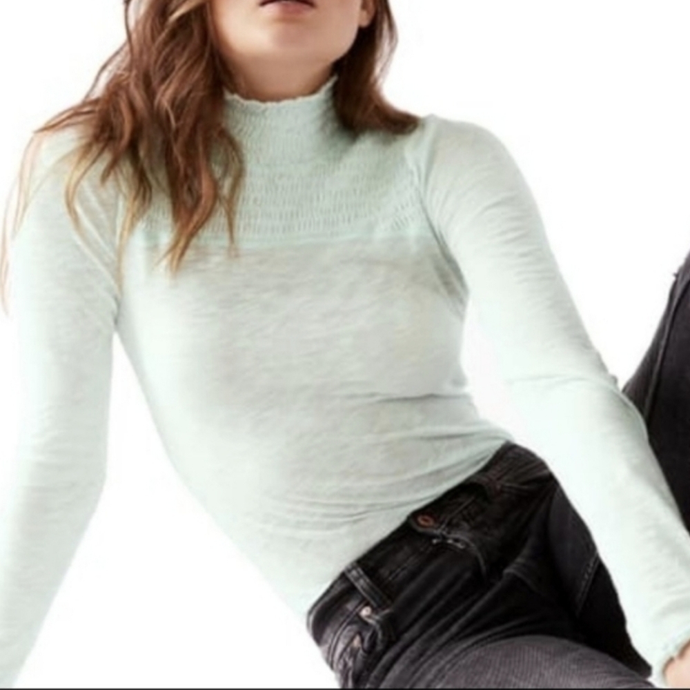 Free People Iced Aqua Smocked Long Sleeves Top